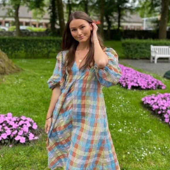 💕GANNI💕 Seersucker Check Dress ~ Midi Tent Plaid Picnic Balloon Sleeve Size 40 - Picture 9 of 16
